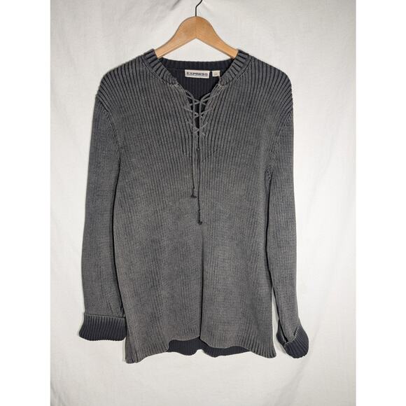 Express Womens Vtg Ribbed Knit Sweater L Peasant Lace up Grunge Whimsigoth 90s - Picture 6 of 7